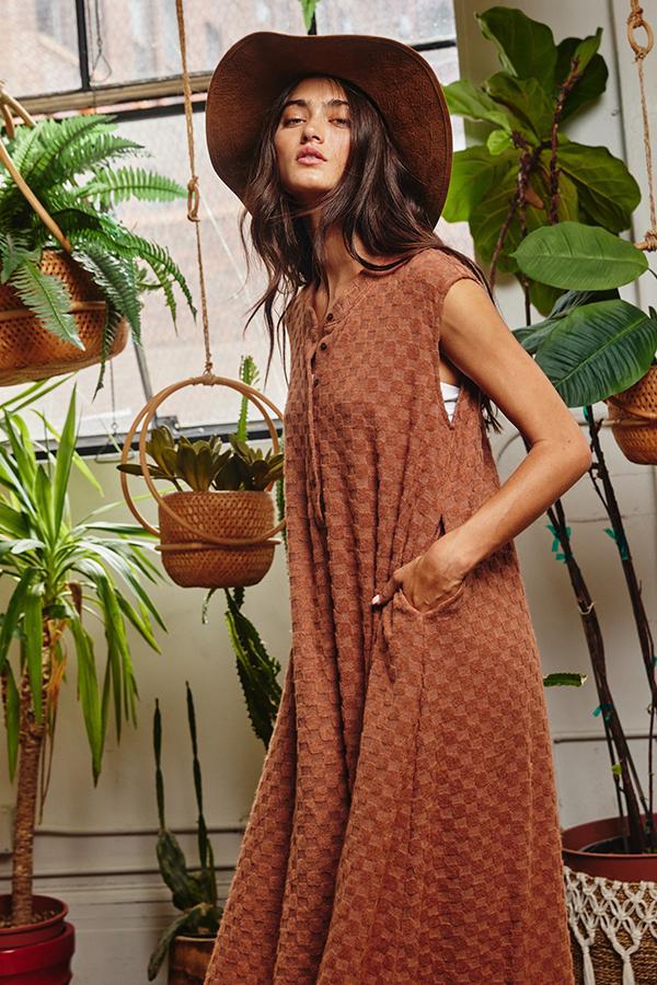 Wide Leg Chess Board Textured Brushed Knit Jumpsuit - CAMEL