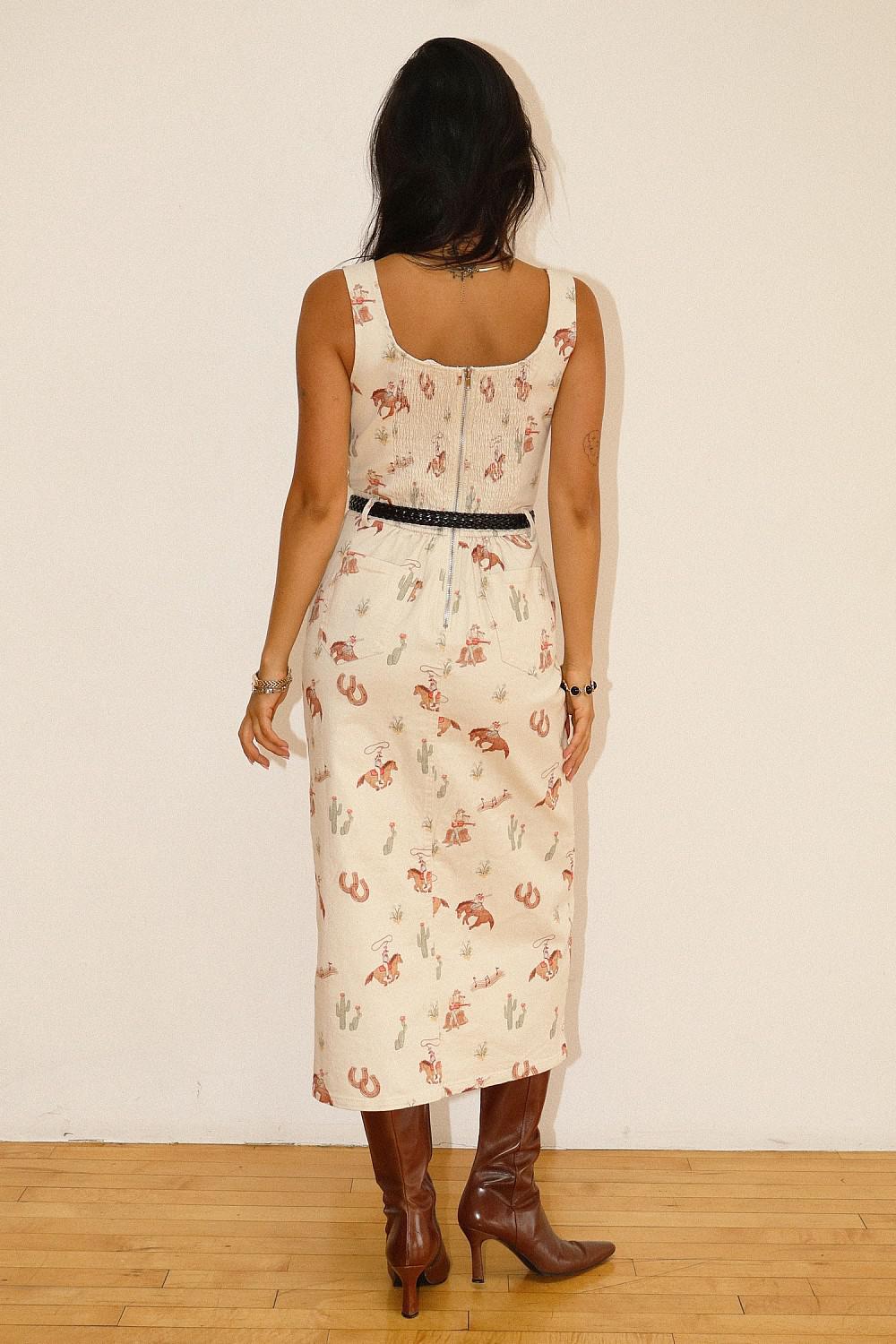 RODEO PRINT SLIT MIDI DRESS - ECRU