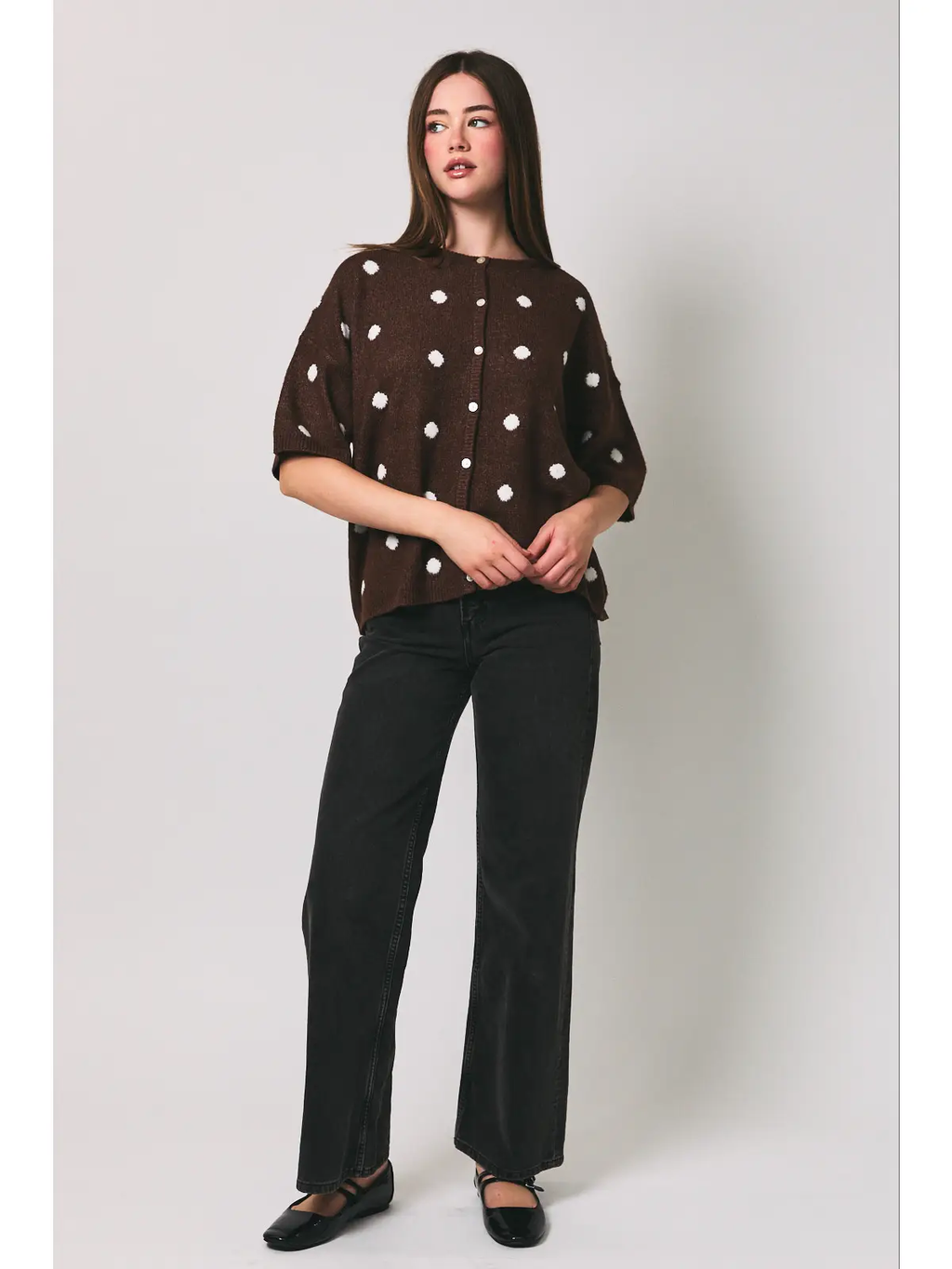 Crew Neck Knit Cardigan - BROWN