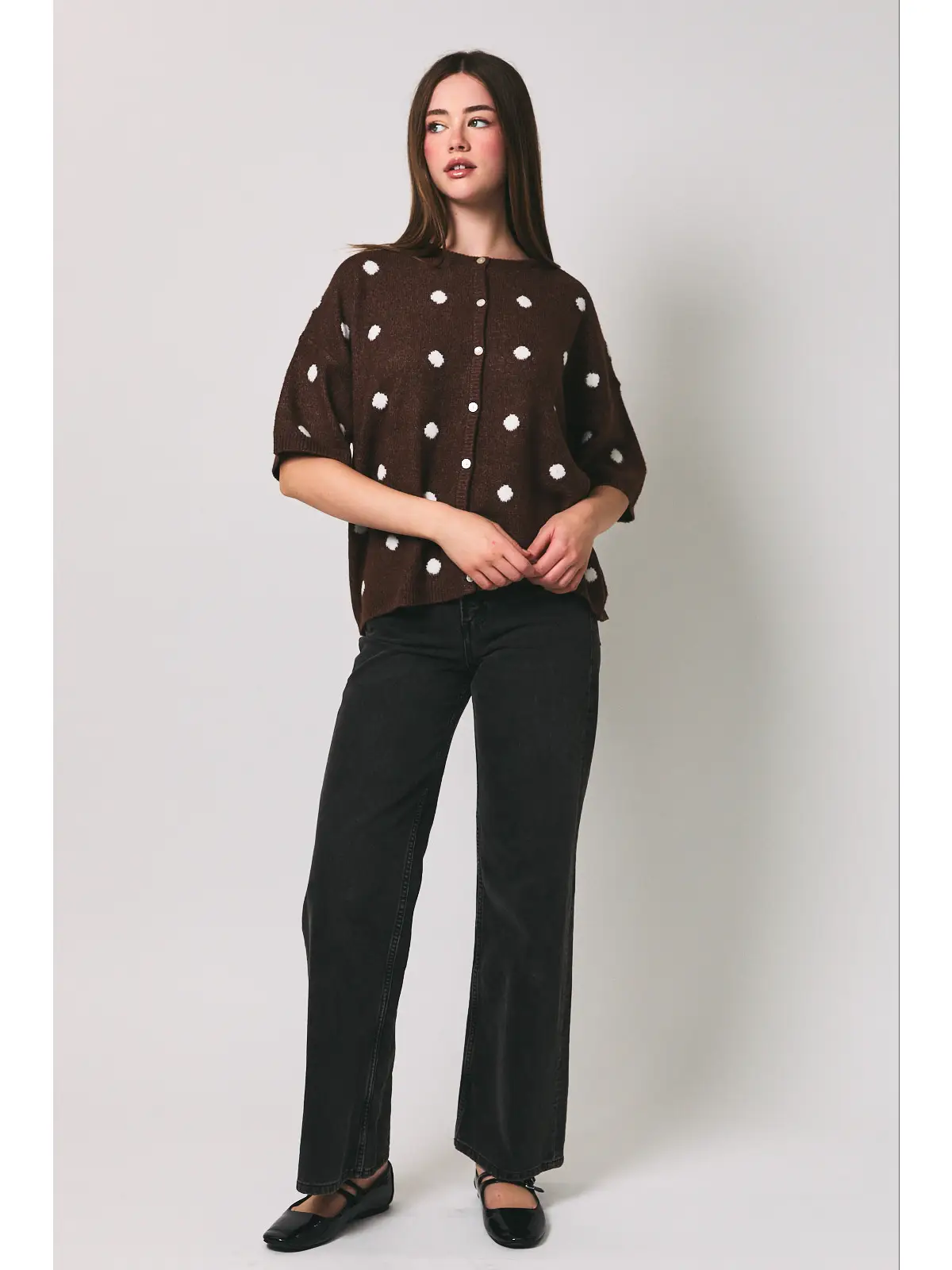 Crew Neck Knit Cardigan - BROWN