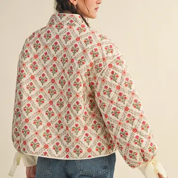 Floral Quilted Jacket with Ribbon Detail - IVORY RED