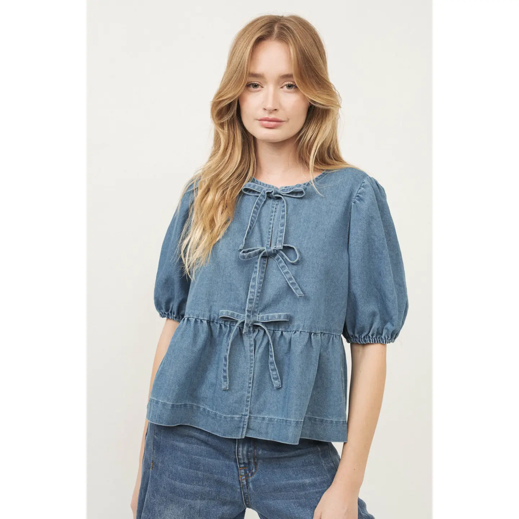 Denim Front Bow Tie Peplum Blouse