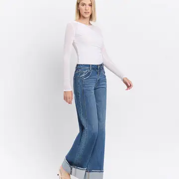 High Rise Cuffed Panel Baggy Wide Jeans - SHINE