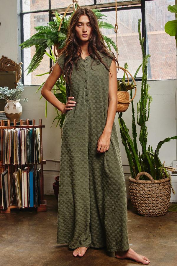 Wide Leg Chess Board Textured Brushed Knit Jumpsuit - Olive