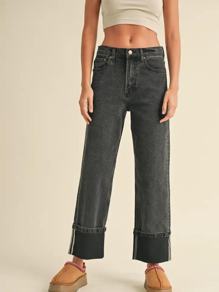 Cuffed Bottom Black Denim Pants