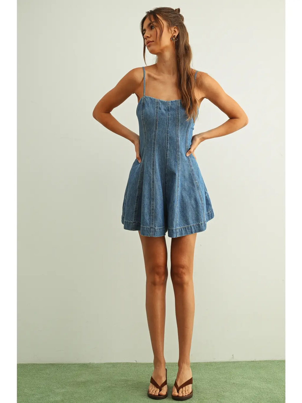 Paneled Washed Denim Romper