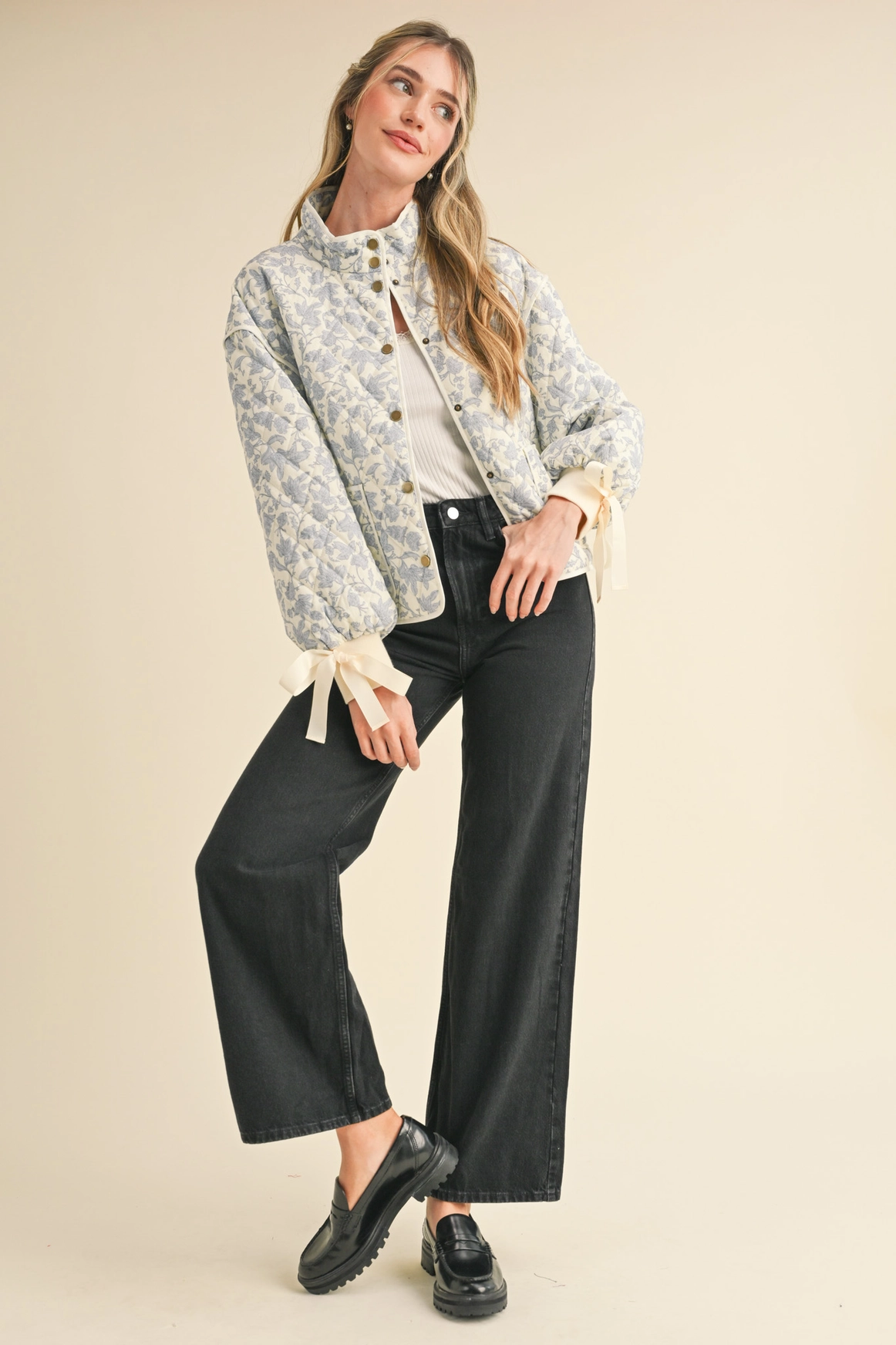Floral Quilted Jacket with Ribbon Detail MJK3622