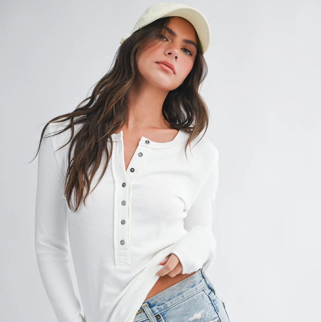 Henley Long Sleeve Top - WHITE