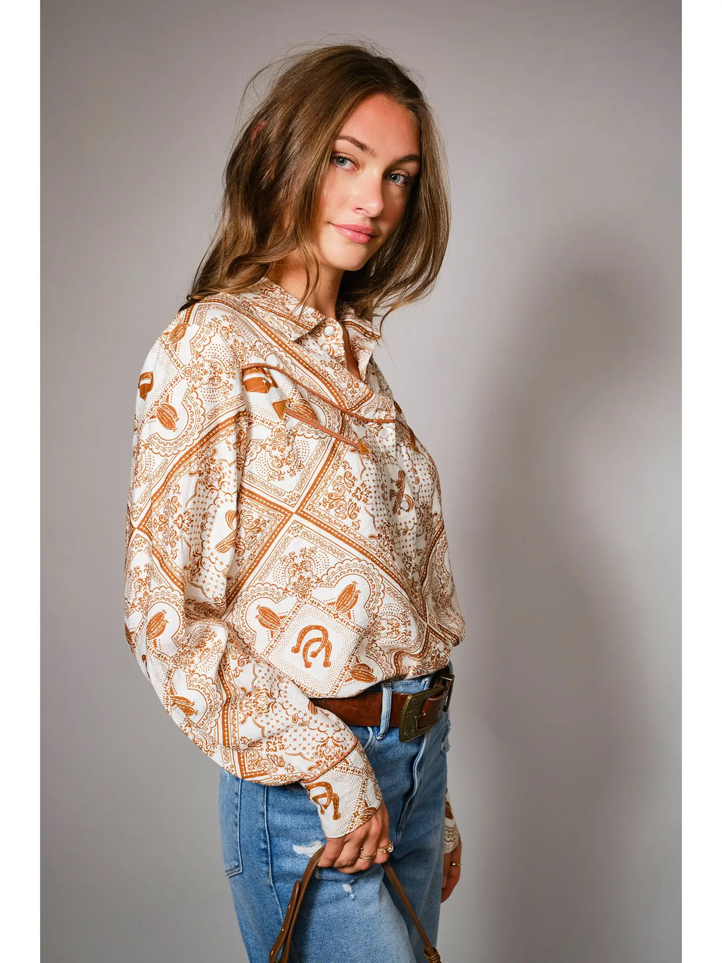 Western Printed Long Sleeve Button-Up Shirt