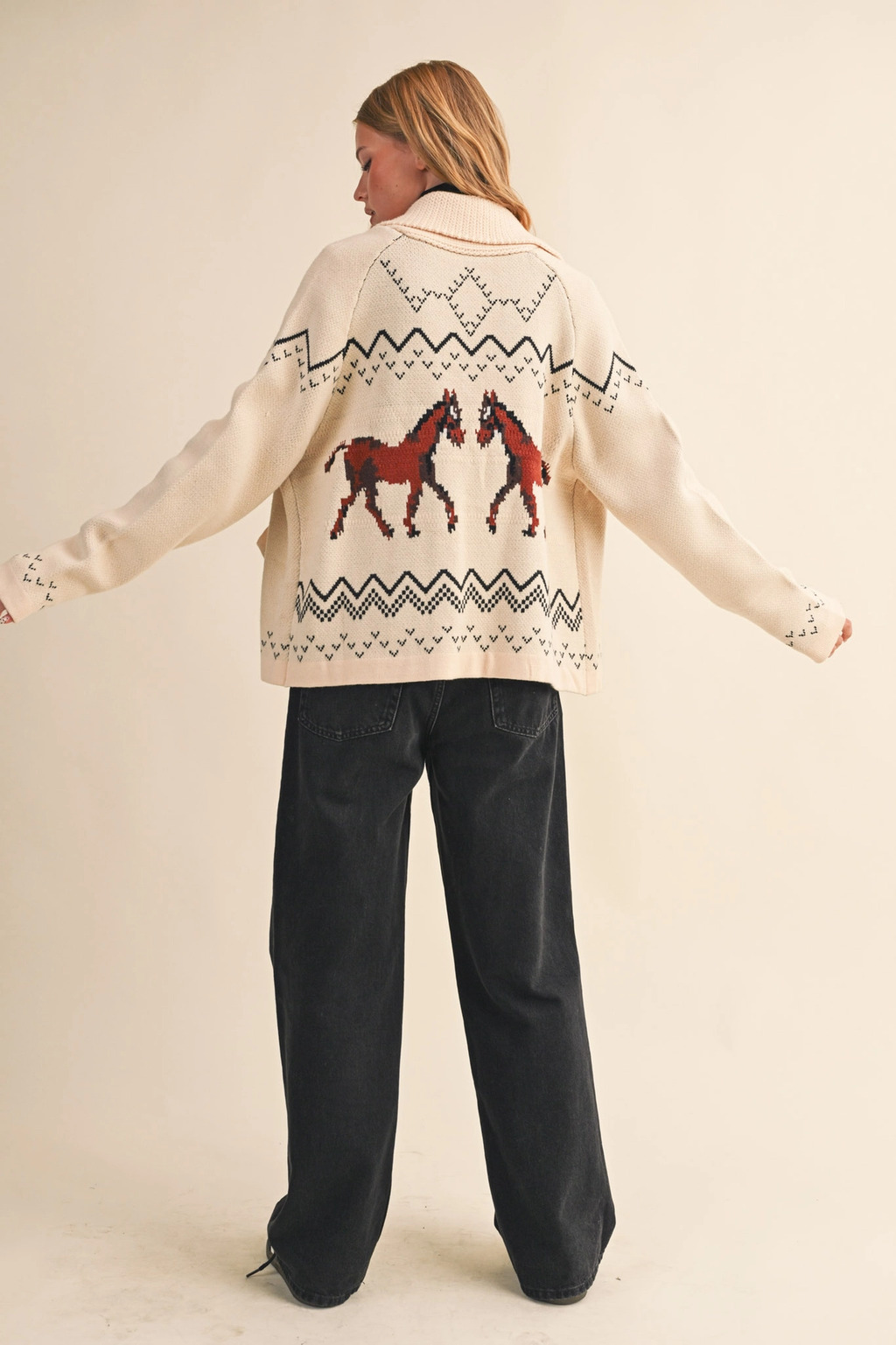 Horse Knit Sweater Cardigan - Beige Taupe
