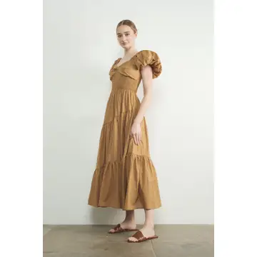 Puff Sleeves Smocked Bodice Tiered Midi Dress - Rust
