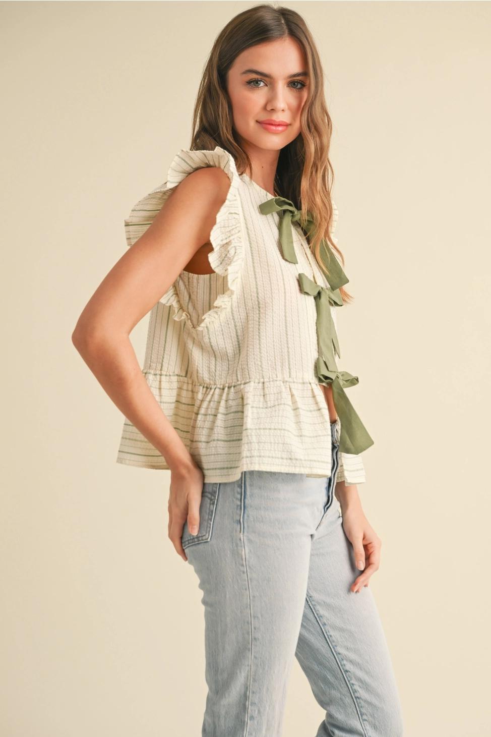 Striped with Tie Front Ruffle Sleeveless Blouse - Green