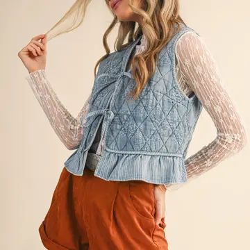 Quilted Printed Denim Ruffle Trim - LIGHT DENIM