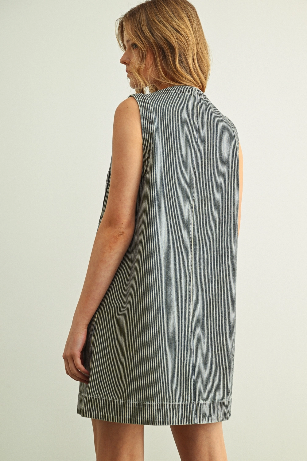 Striped Fabric Button Front Denim Dress