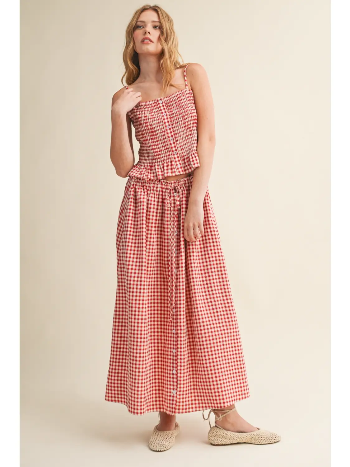 Gingham Pattern Button Front Long Skirt - RED