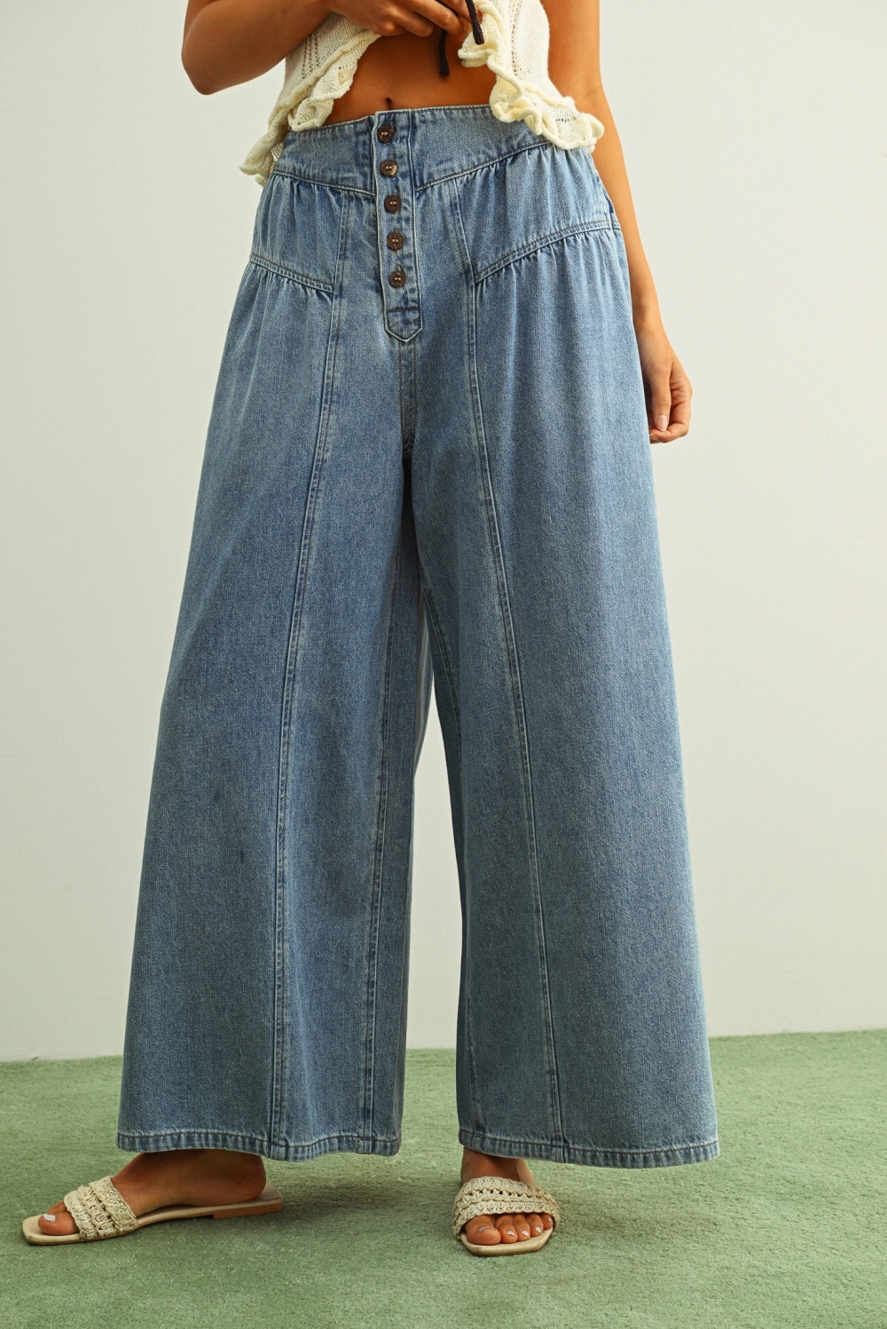 Button Front Shirring Detailed Wide Leg Pants