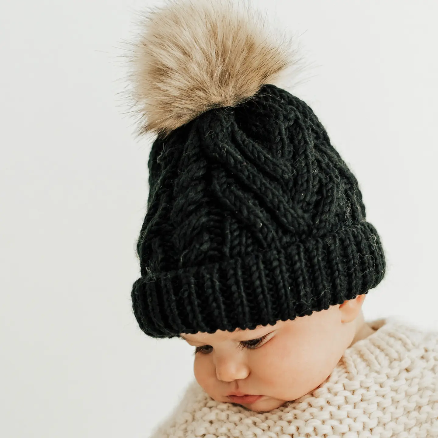 Black Pop Pom Pom Beanie Hat Baby & Kids