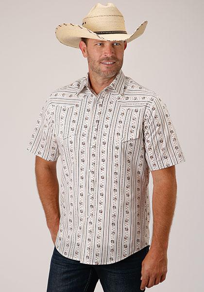 MENS S/S SHIRT SNAP PRINT 1501 BROWN & BLUE WALLPAPER STRIPE 01-002-0019-3058