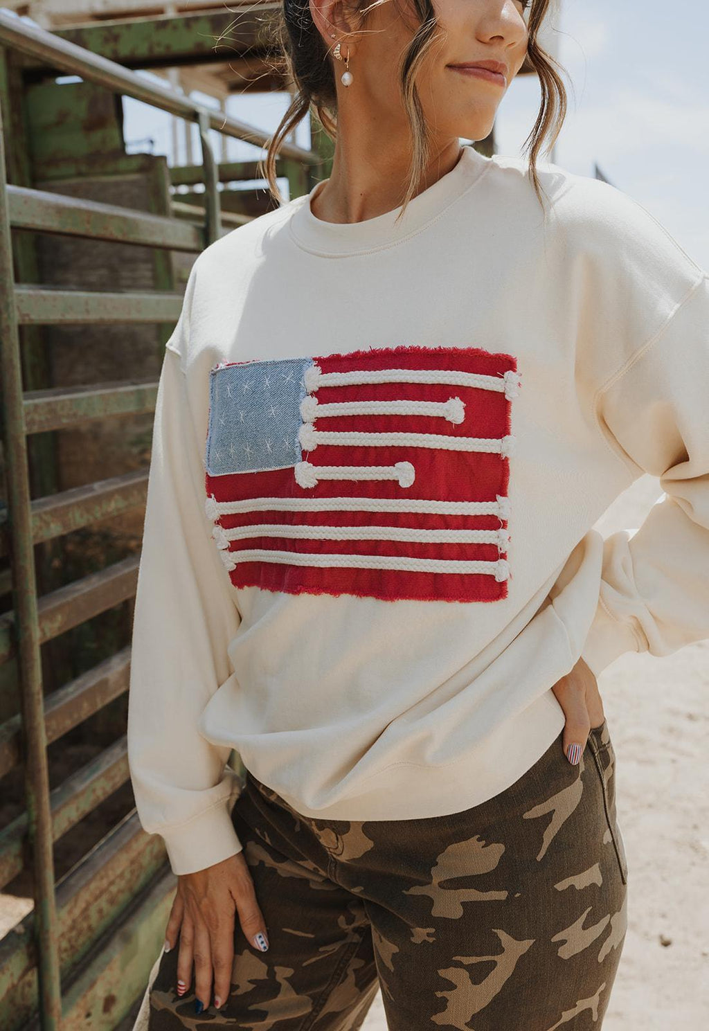 Flag Patch Front Detail Sweatshirts - Cream