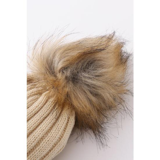BEIGE KNIT POM POM BEANIE