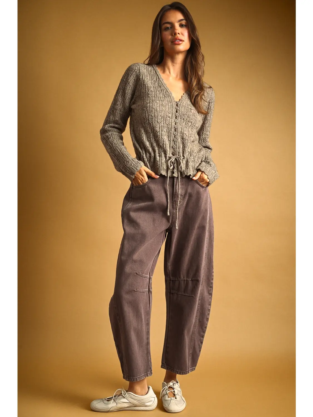 Lace Knit with Drawsting On Waist Knit Cardigan - WARM SAND