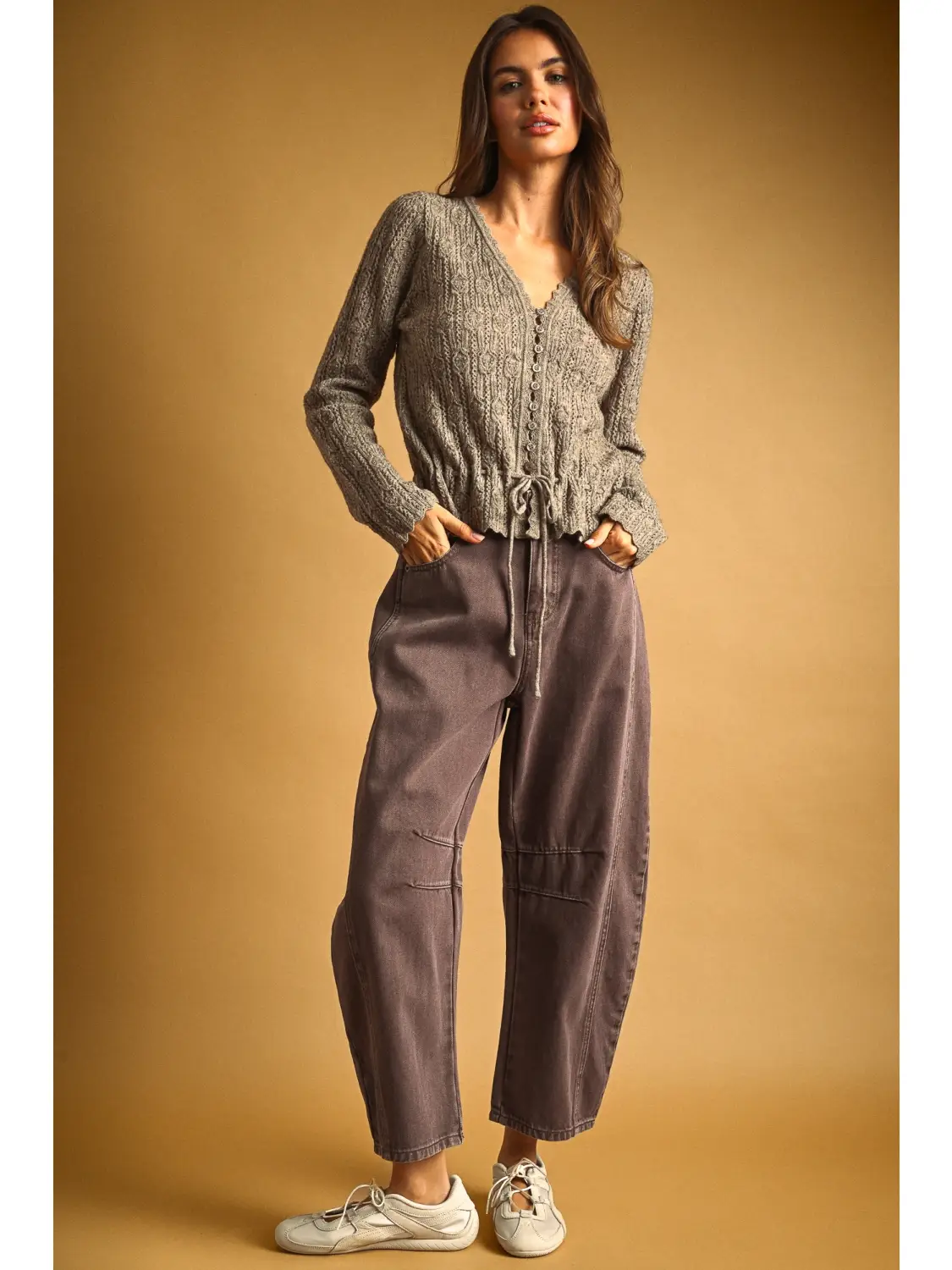 Lace Knit with Drawsting On Waist Knit Cardigan - WARM SAND