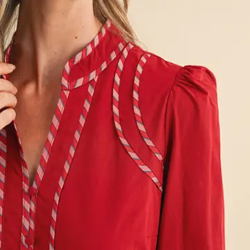 Striped Contrast Binding Detail Belted Midi Dress - RUBY RED