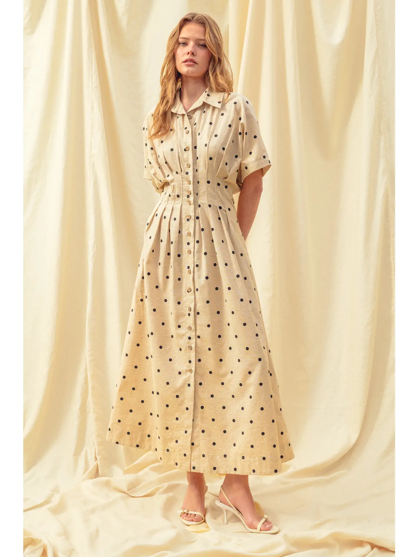 Polkadot Print Short Sleeve Button Front Dress