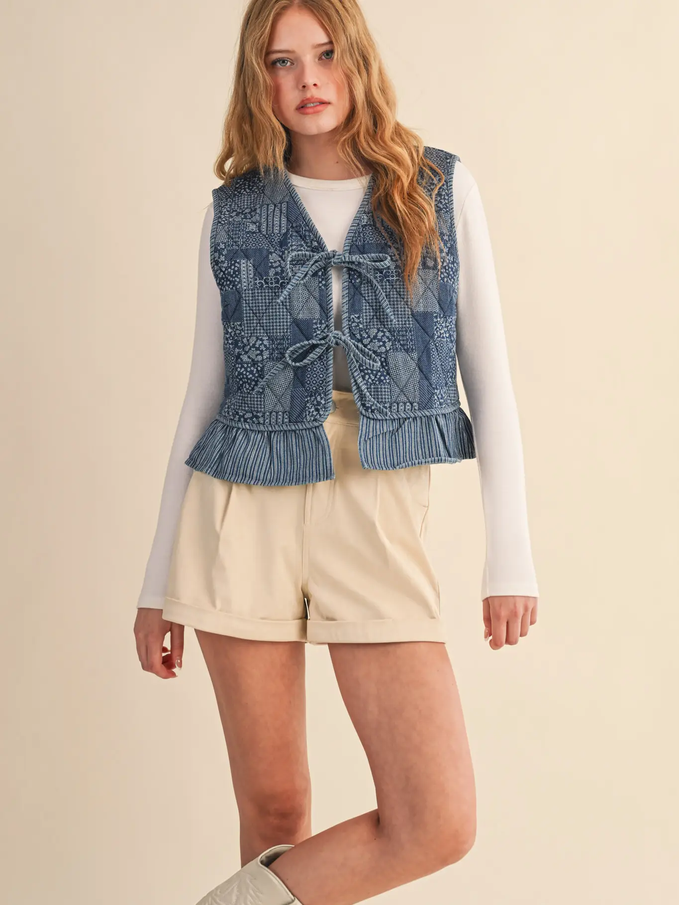 Quilted Printed Denim Ruffle Trim - dark denim