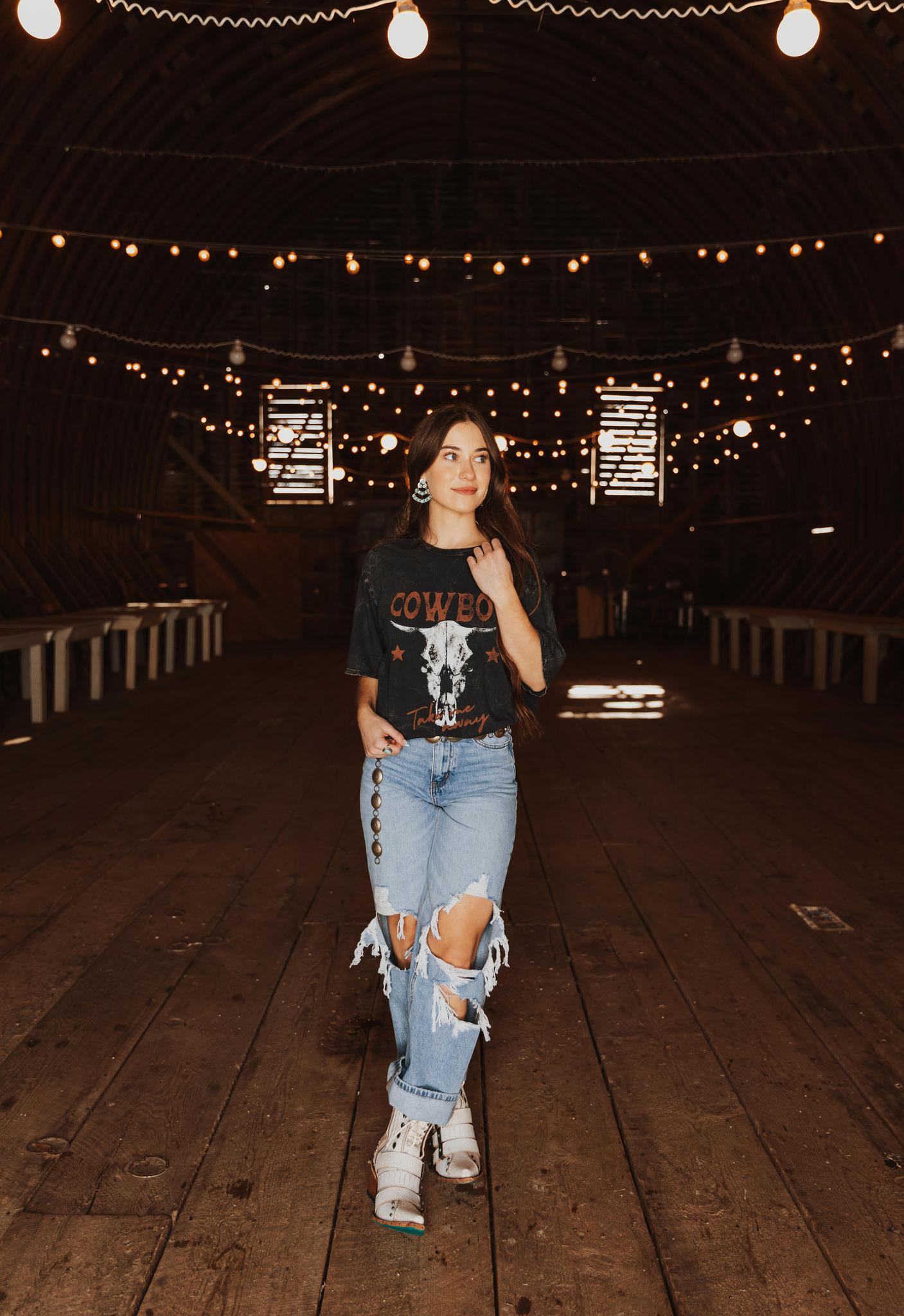 TAKE ME AWAY COWBOY OVERSIZED MINERAL WASHED T SHIRT - BLACK