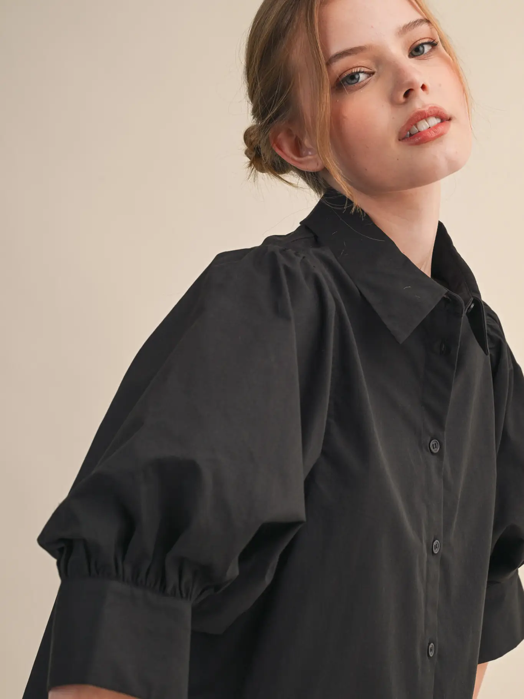 Puff Sleeve Button Down Top - BLACK