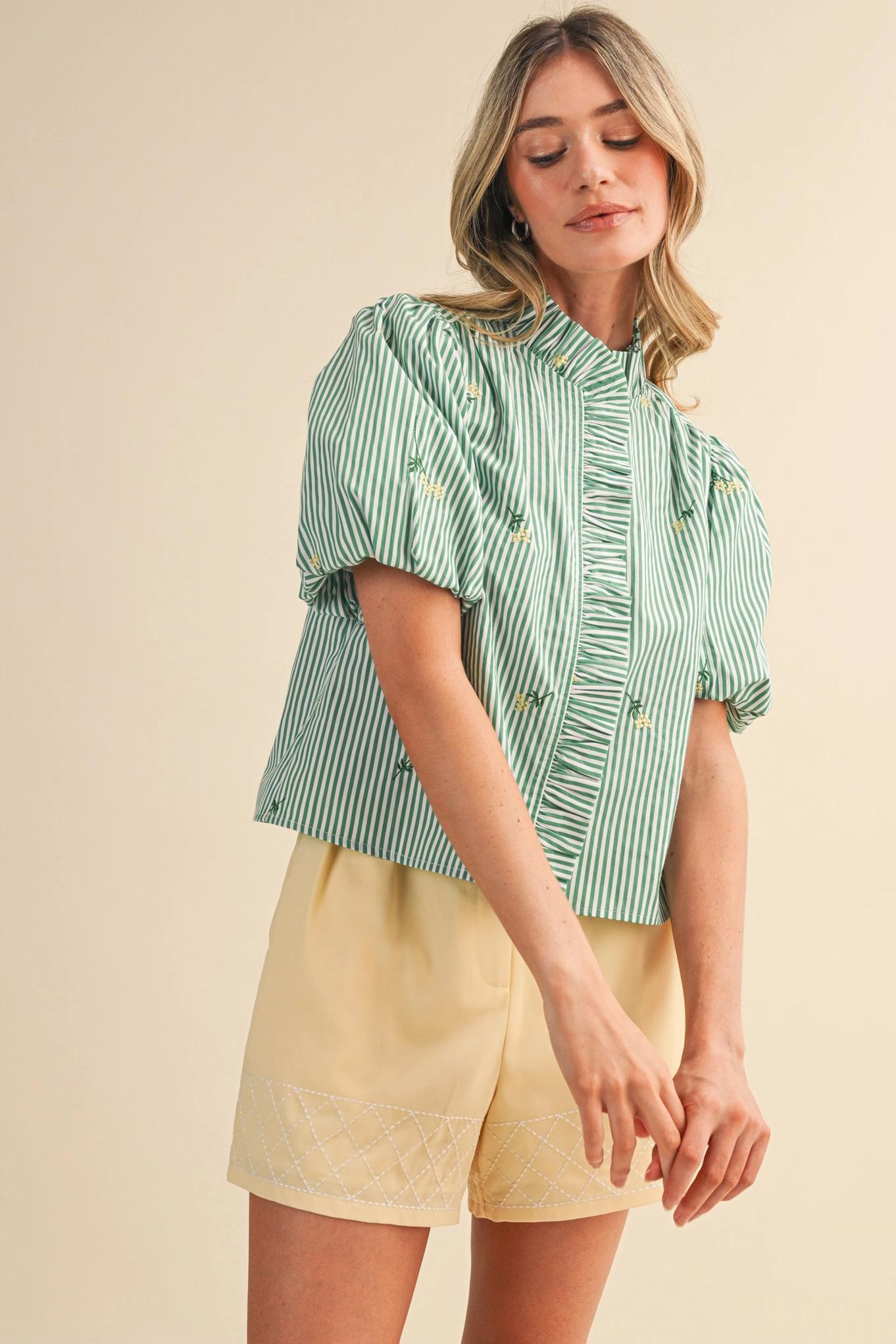 Floral Embroidery Striped Ruffled Button Down Top - Green Stripe