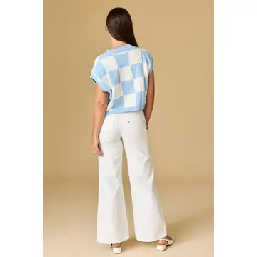 Hannah Loose Fit Checker Knit Top - Blue