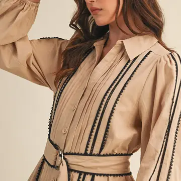 Contrast Lace Trim Belted Mini Dress - TAN BLACK