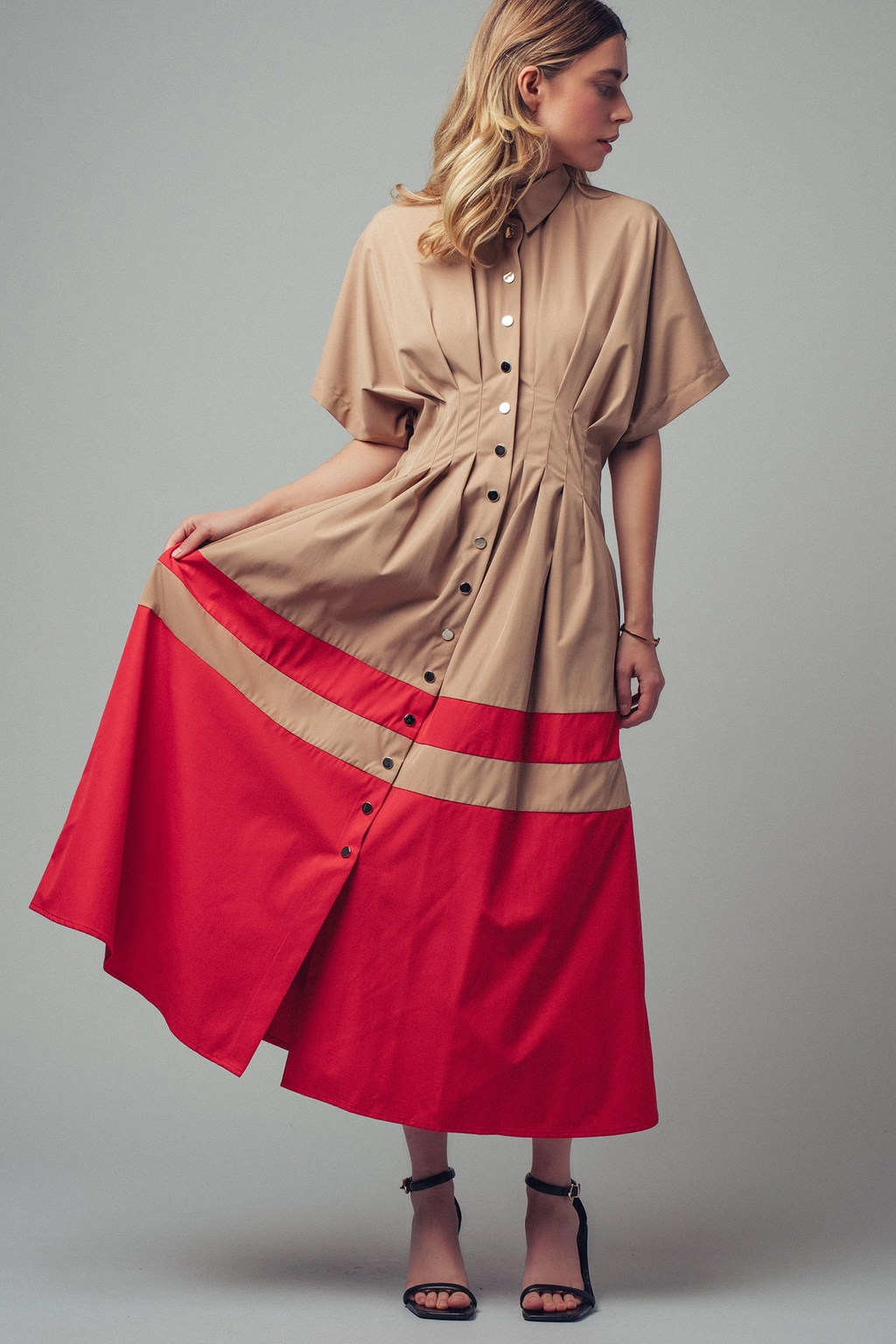 Colorblock Button-Up Cotton Midi Dress - CAMEL