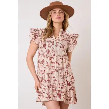 Western Print Sleeveless Mini Dress - Brown