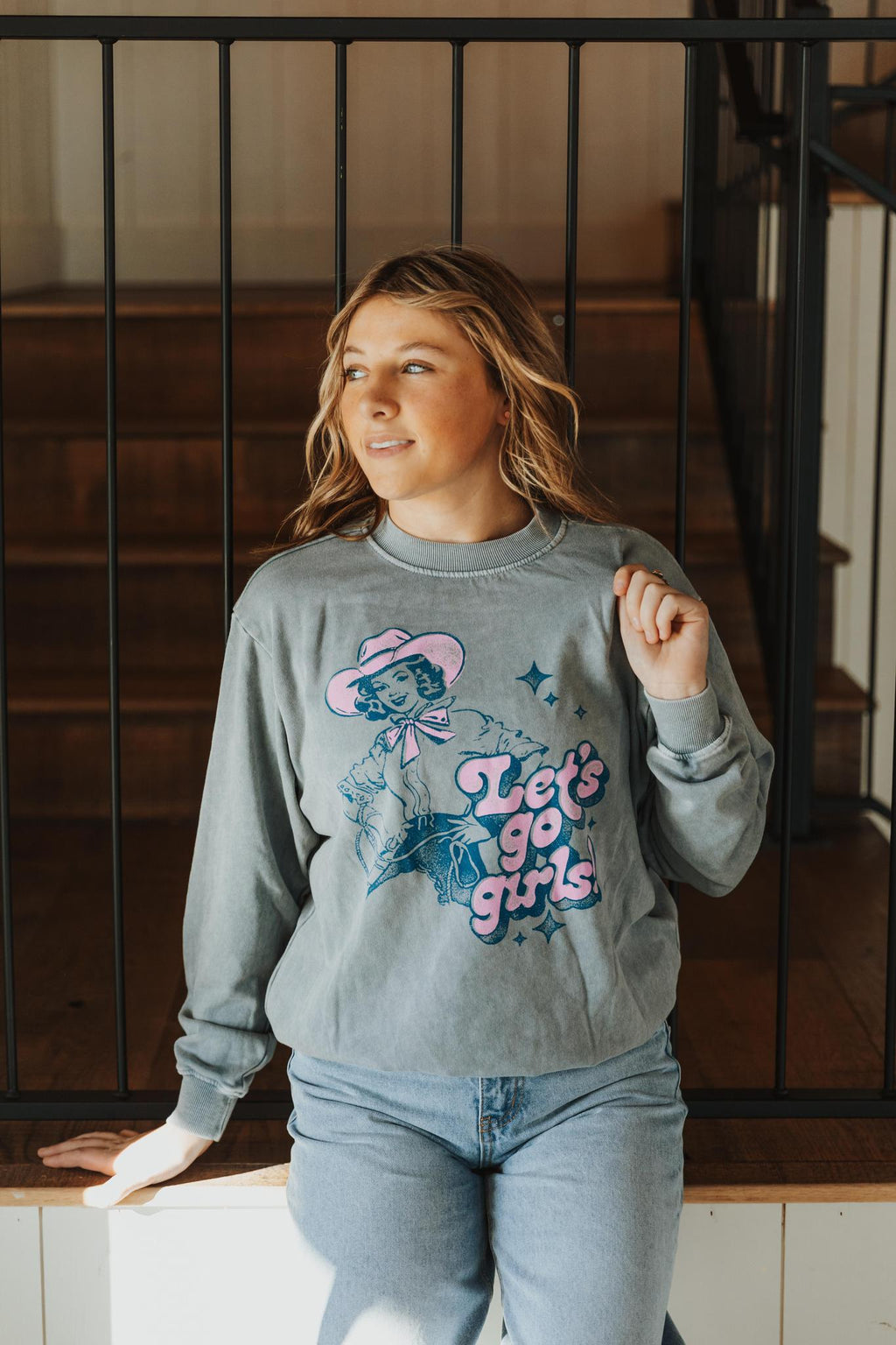 LET'S GO GIRLS LONG SLEEVE SWEATSHIRT - MINERAL GREY