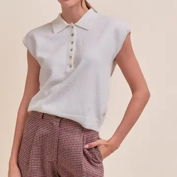 Cap Sleeve Collared Sweater Vest - IVORY