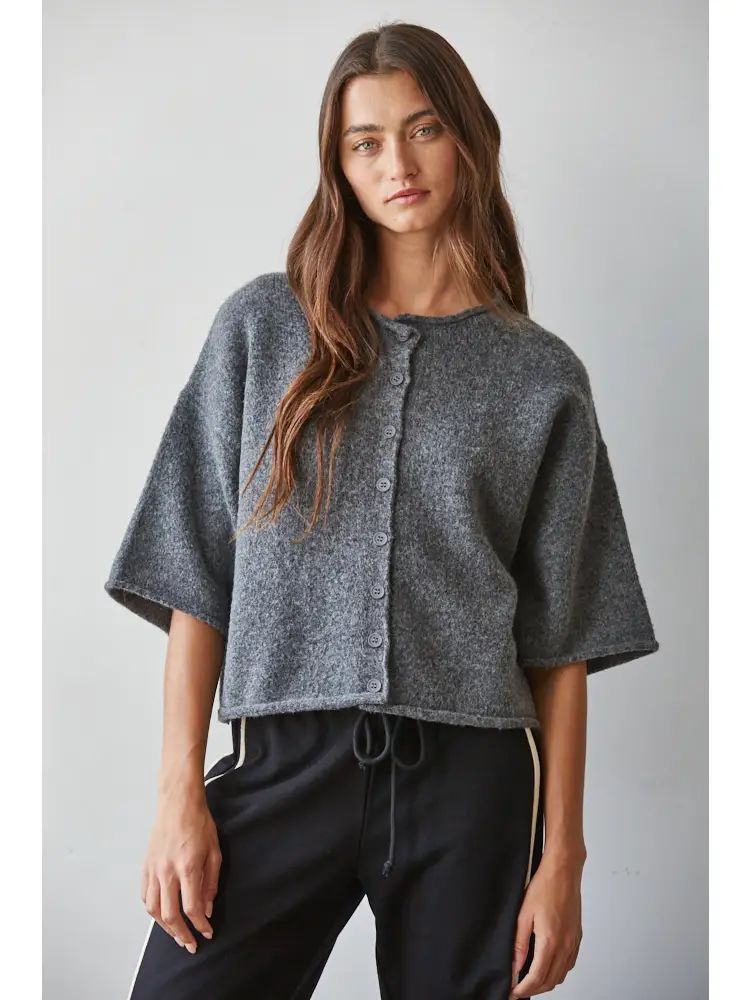 Knit Sweater Quarter Sleeve Button Up Cardigan Top - CHARCOAL