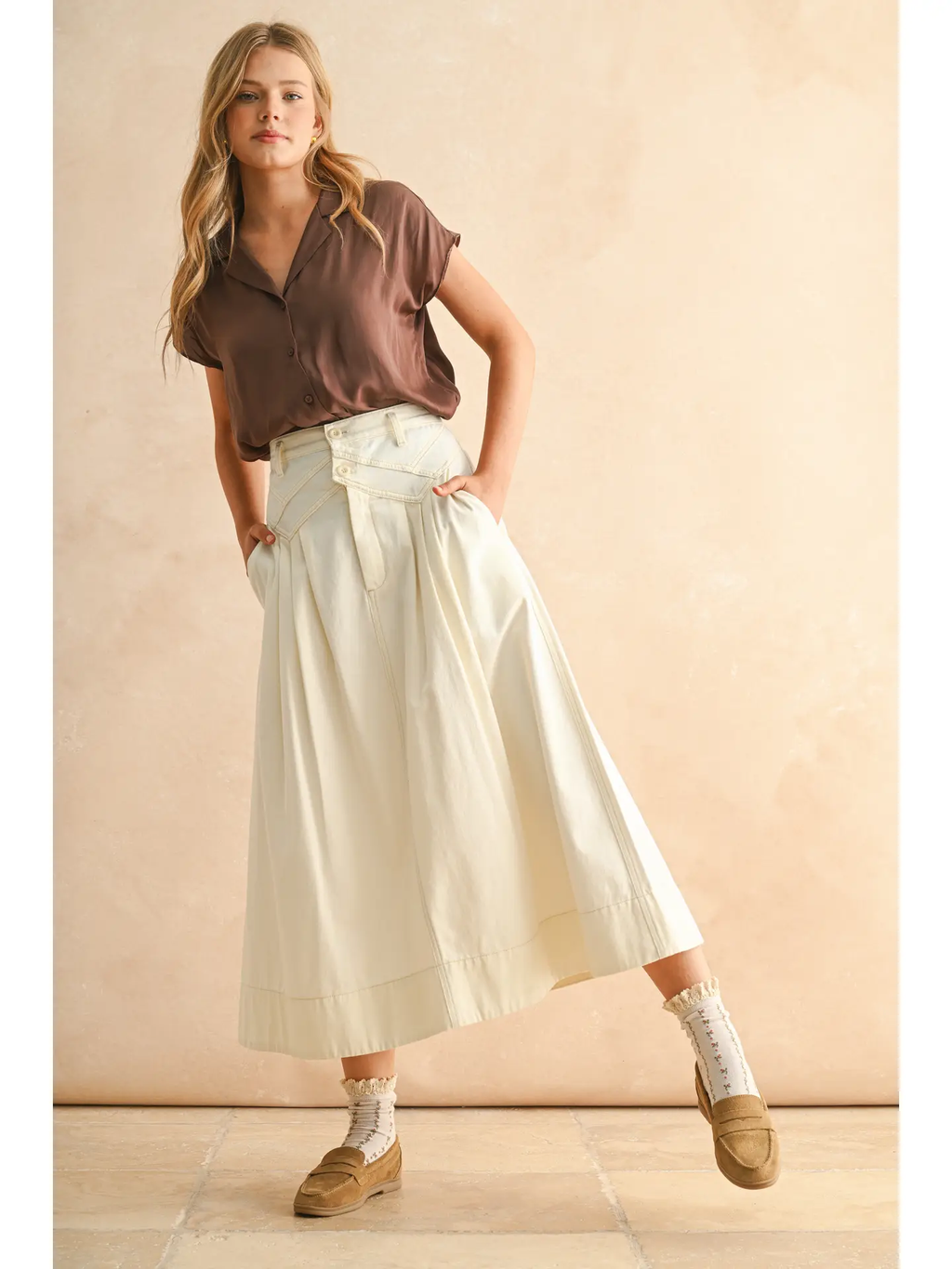 Mini Pleat Detailed Long Skirt - Cream
