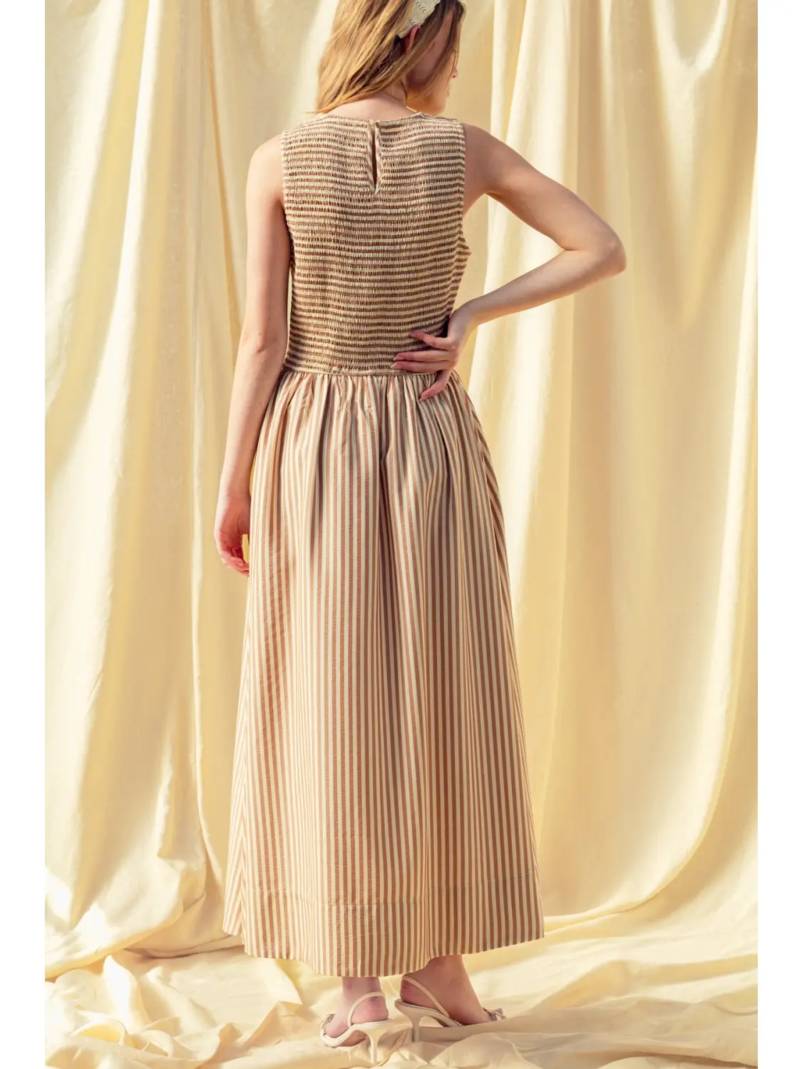 Striped Fabric Smocking Top Long Dress