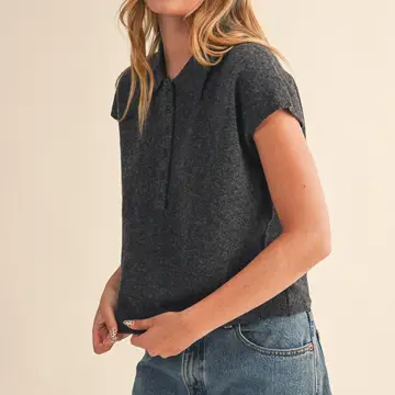 Cap Sleeve Collared Sweater Vest - BLACK