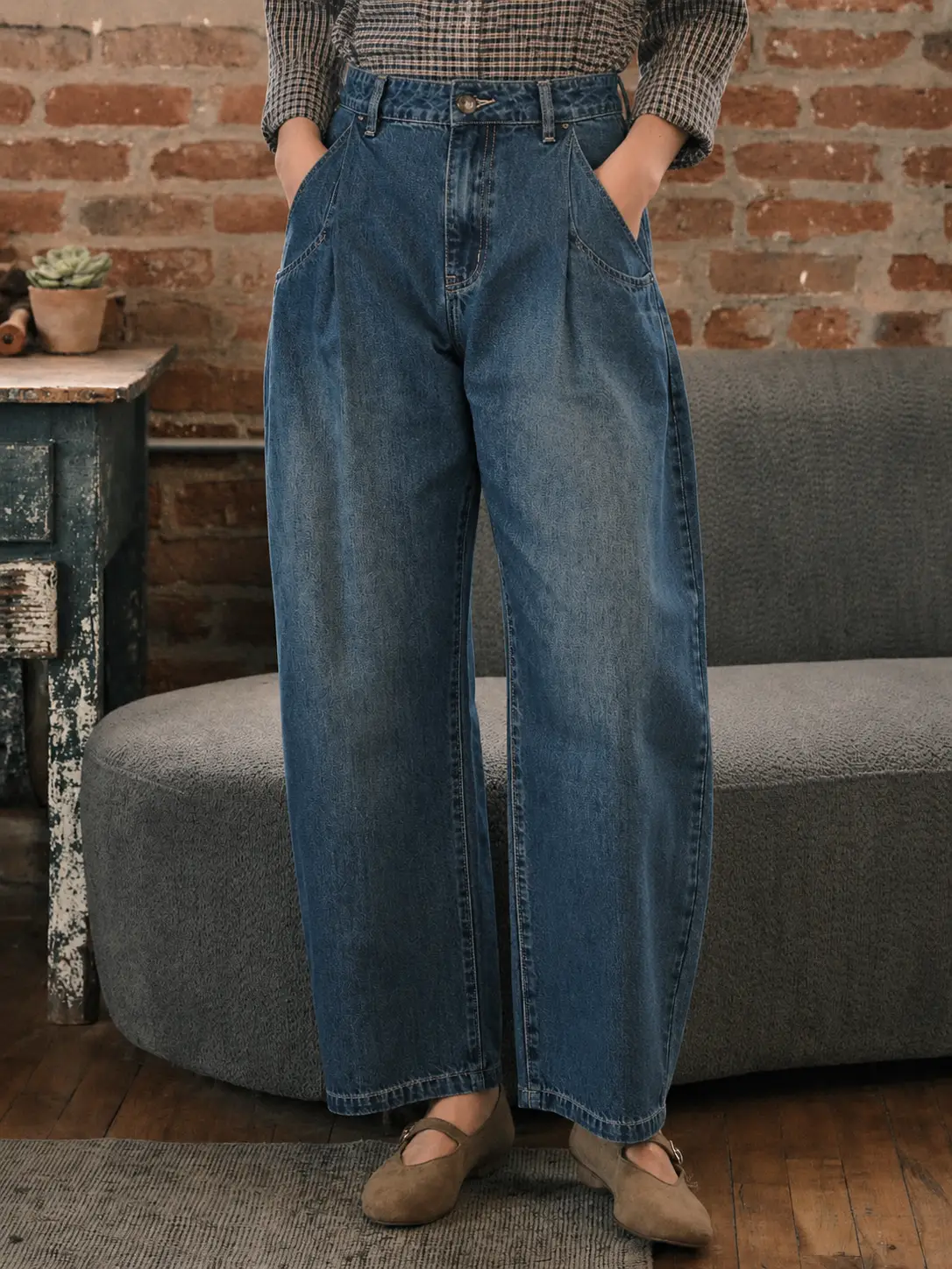 Vintage Washed Pleated Barrel Denim Pants