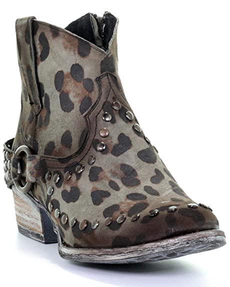 LD GREEN/BLACK SPOTS HARNESS & STUDS ANKLE BOOT Q5080
