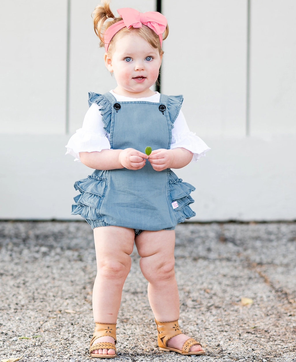 Baby Girls Light Wash Woven Flutter Overall Romper