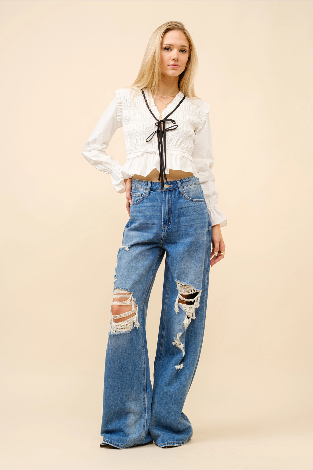 Poplin Smocked Bodice Ruffle Tie Blouse