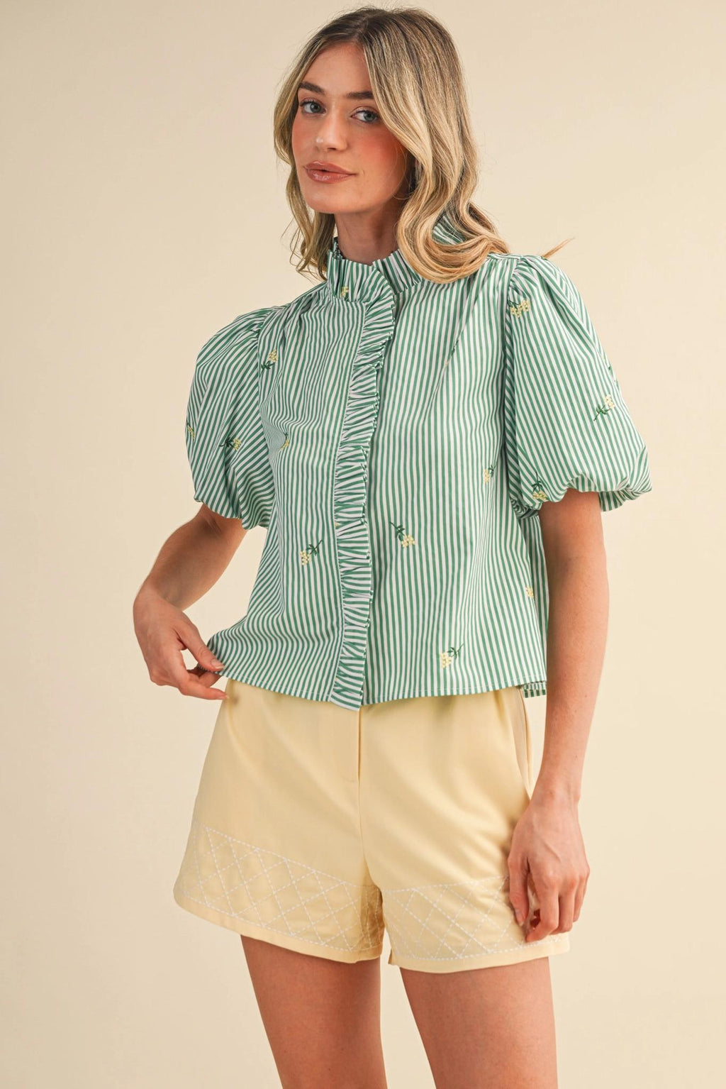 Floral Embroidery Striped Ruffled Button Down Top - Green Stripe