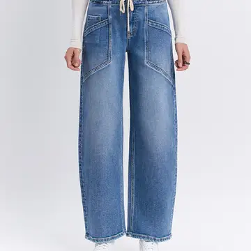 High Rise Elastic Waistband Wide Barrel Jeans - UPSTANDING