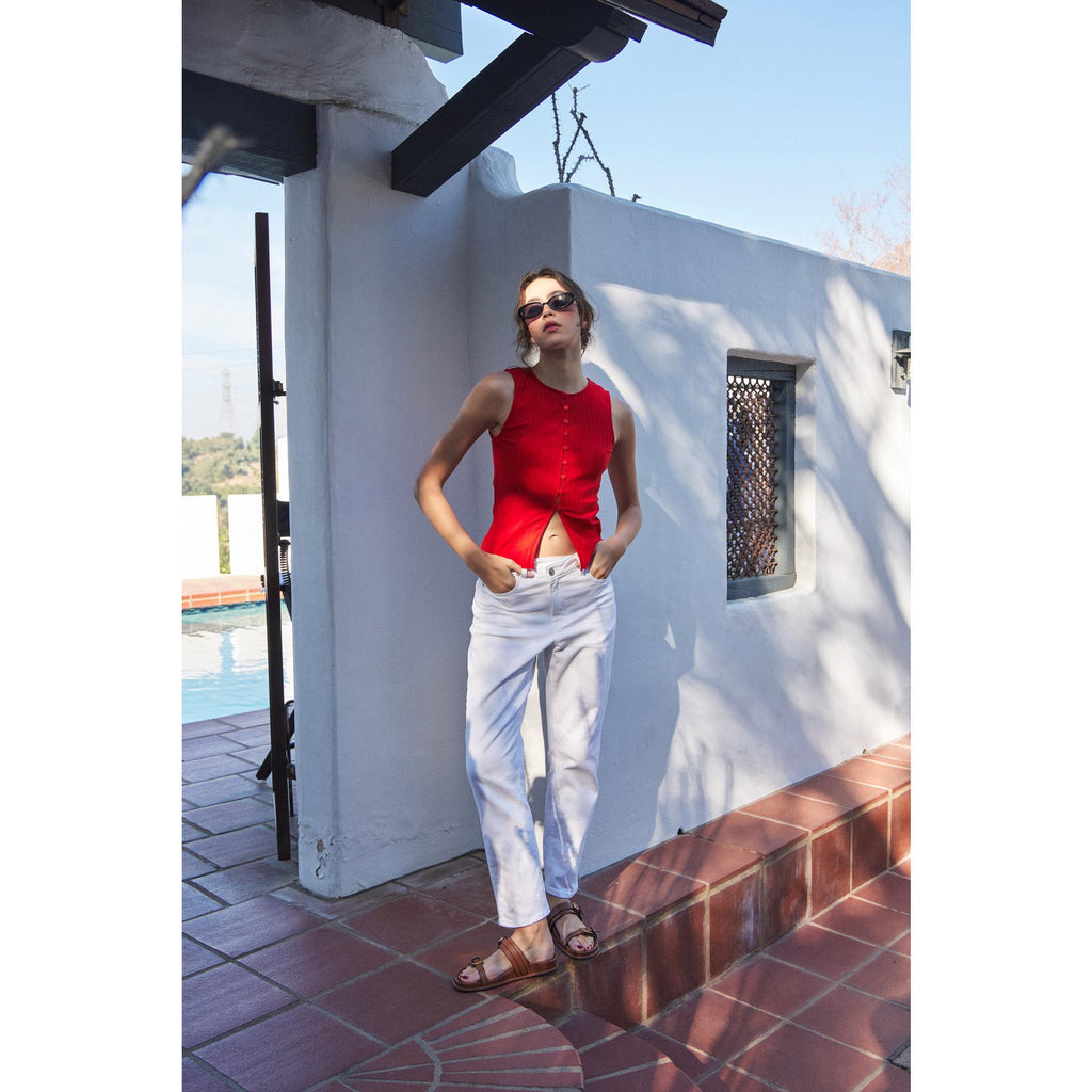 Ribbed Knit Button-Down Sleeveless Top
