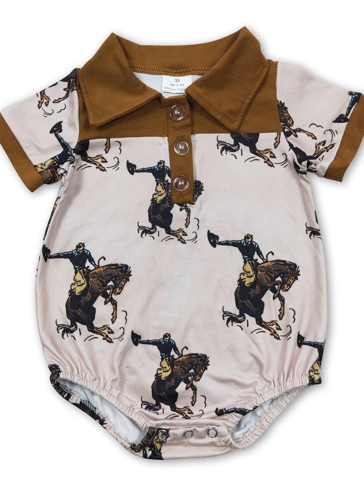 BRONC RIDER SHORT SLEEVE BABY ROMPER W/ BROWN COLLAR
